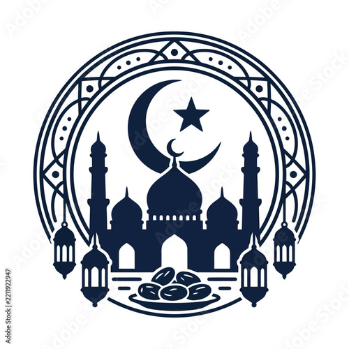 Islamic mosque silhouette emblem with crescent moon and stars, Ramadan Kareem vector icon, dark blue religious logo