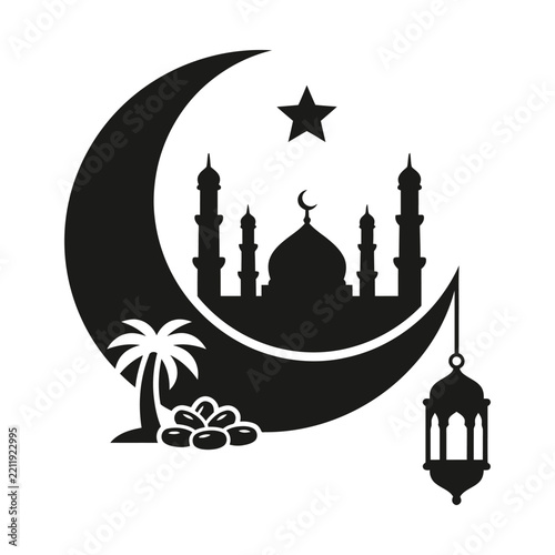 Islamic Ramadan crescent moon silhouette, mosque with minarets and lantern vector, black and white religious icon set