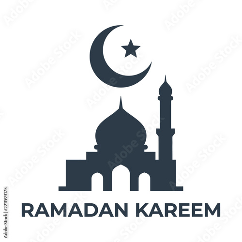 Ramadan Kareem greeting with mosque silhouette, Islamic crescent moon and star vector, dark grey religious icon design
