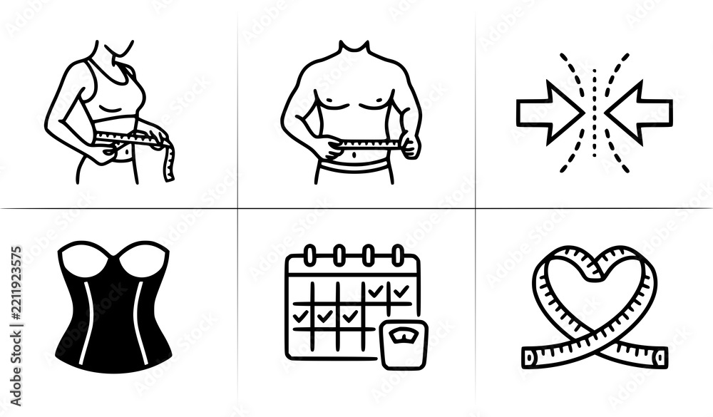Fototapeta premium Body shape slimming waistline control line art vector icons male female diet set