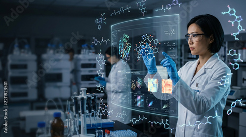 Asian female scientist using advanced holographic interface to analyze molecular structures and chemical data in a modern laboratory setting