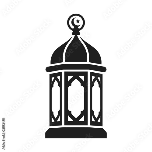 Islamic Ramadan lantern vector icon, black fanous lamp silhouette with crescent moon, traditional Arabic light symbol