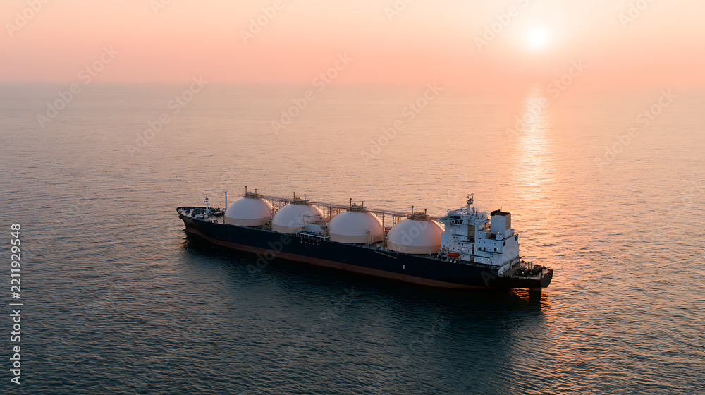 Fototapeta premium Large LNG carrier ship sail calm ocean water during golden sunset, aerial view of liquid natural gas tanker transport energy supply trade