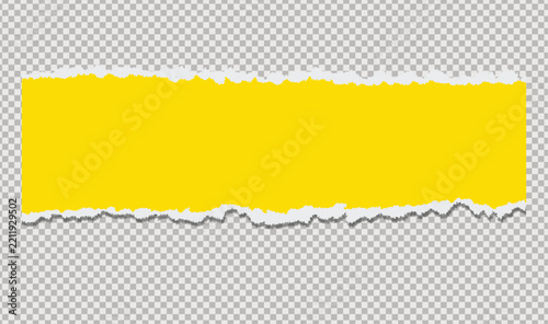 Horizontal long yellow torn paper strip with ragged white ripped edges isolated on transparent background