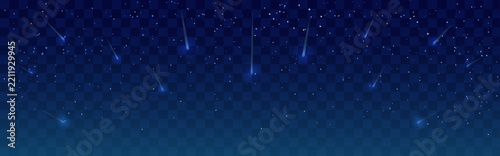 Starry night transparent. Falling star and meteorite with cosmic dust. Blue gradient magical sky. Vector space background, banner, wallpaper, or outer space template design.