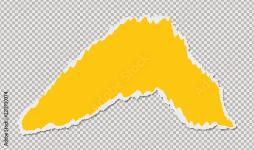 Vibrant yellow torn paper scrap with white ragged edges isolated on a transparent grid background