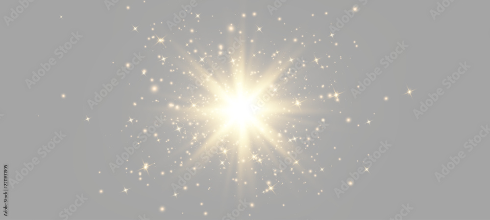Fototapeta premium Golden light burst with glowing sparkles and radiating rays. Bright starburst flare and glitter effect on neutral png background. Celebration and holiday design element.