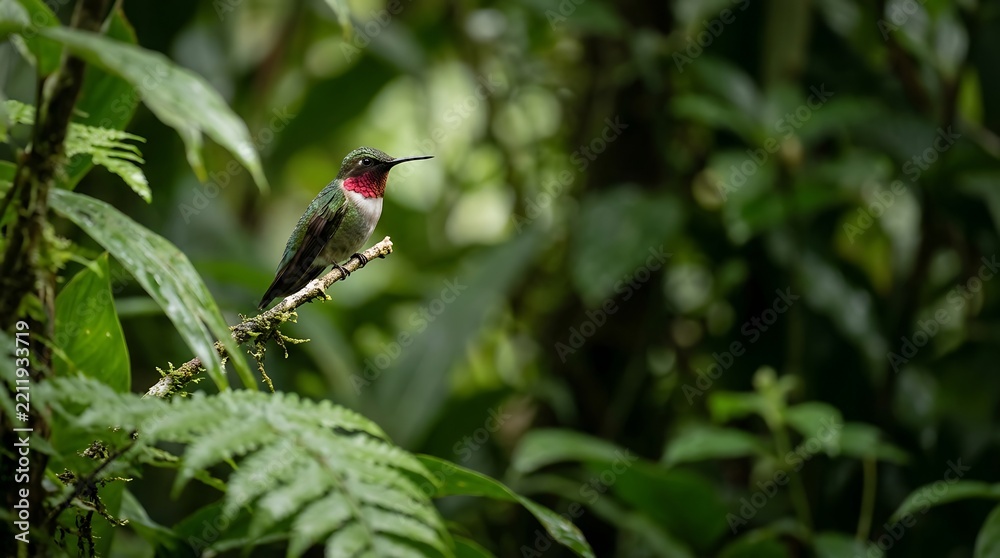 Fototapeta premium Hummingbird perched on a small branch in a lush tropical forest with small bird lush foliage exotic bird nature wildlife green forest bird watching wild avian rainforest bird