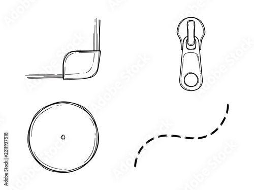 Zipper slider and components on white background with dotted line path