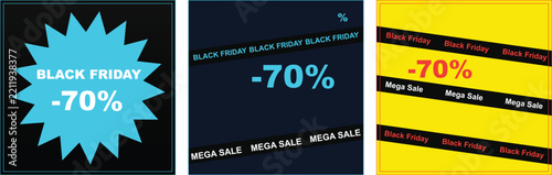 Black friday sale vector graphic banners with discount percentages and bright promotional typography