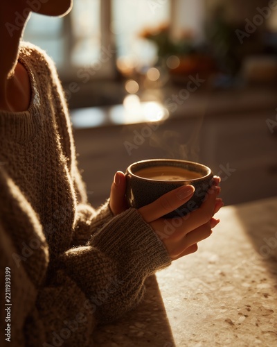 Woman Holding Cup of Coffee in Warm Morning Light