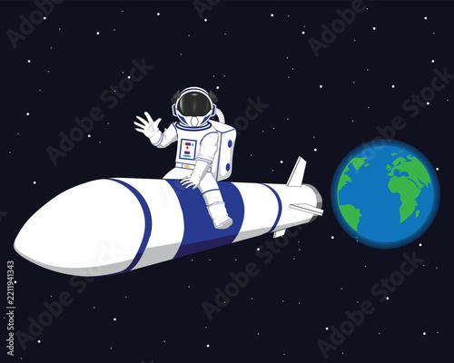 A vector illustration of an astronaut in a white spacesuit waving while riding a blue-and-white rocket in space, set against a background of planet Earth and stars.