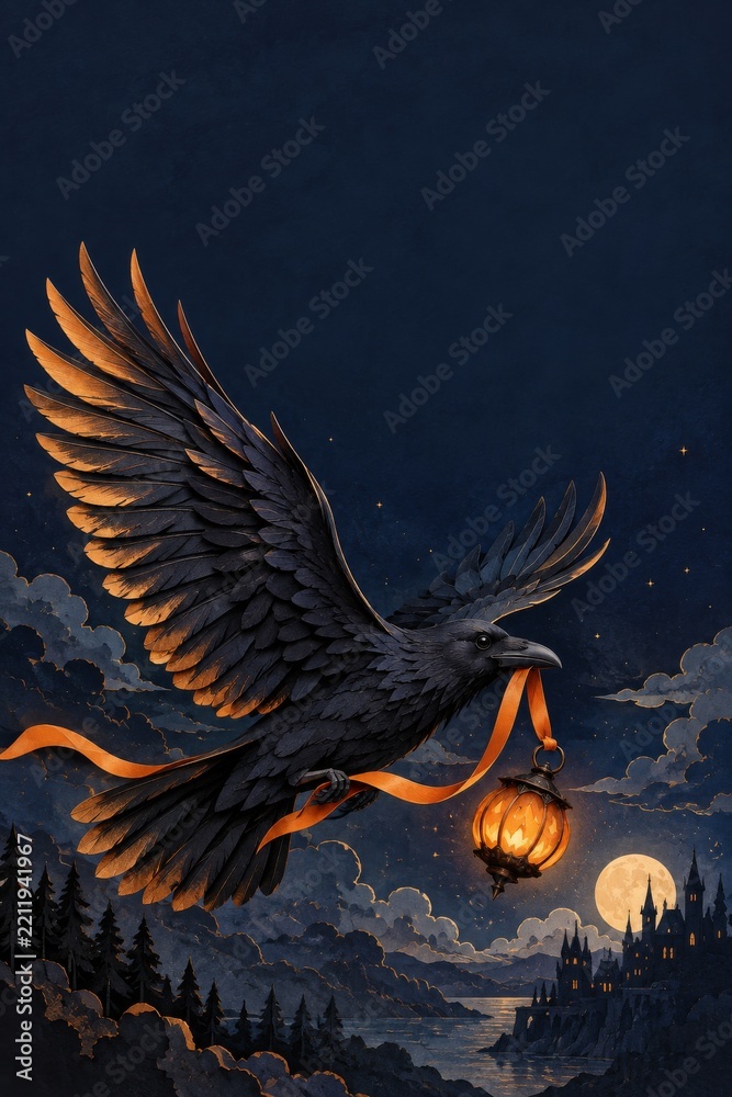 Obraz premium Black Raven Flying with Glowing Pumpkin Lantern over Gothic Landscape on Halloween Night