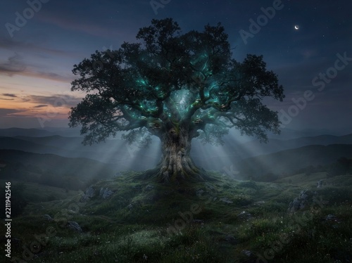 Ancient glowing tree on a misty meadow at twilight with ethereal light rays and crescent moon