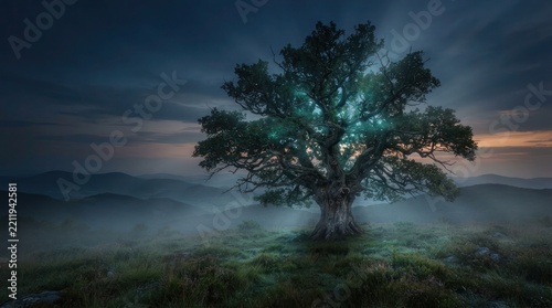 Ancient solitary tree with glowing aura standing on a misty mountain meadow at twilight