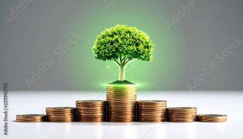 Green tree growing out of stacks of gold coins symbolizing wealth