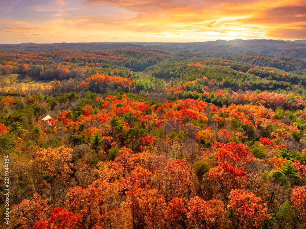 Obraz premium Scenic fall evening landscape of wooded Appalachian mountains. Colorful forest stretches across autumn mountain terrain.
