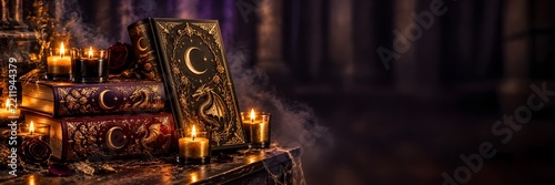 Libros de fantasía y velas doradas y negras de fantasía, fantasía, brujería, Halloween, en ambiente oscuro y cálido, con espacio negativo