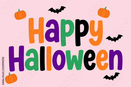 Colorful Happy Halloween greeting with cute pumpkins and bats on pastel pink background