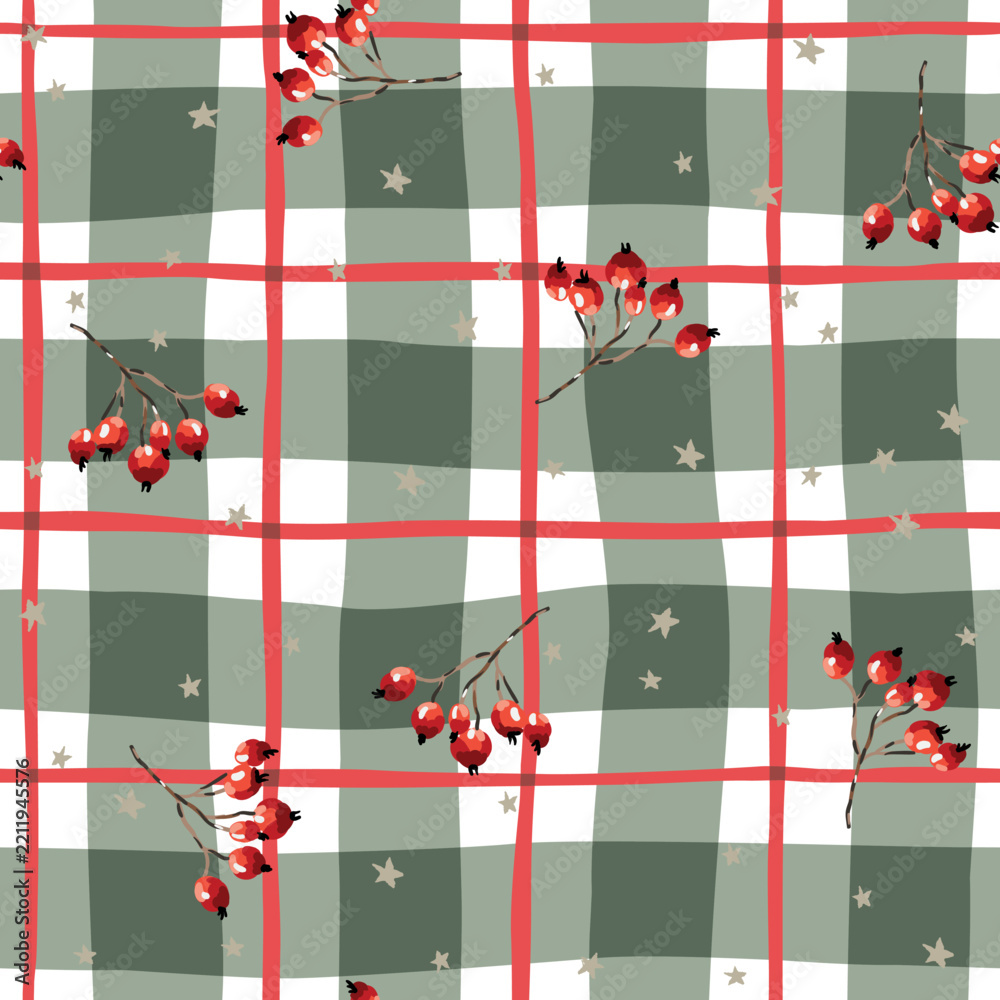 Obraz premium Christmas seamless pattern, red berries, stars, gingham background. Vector illustration. Cozy design. Season greeting. Winter holidays