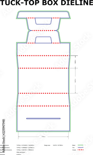 Tuck-top box dieline template with display flap, packaging layout showing trim, bleed, and crease lines with measurement dimensions