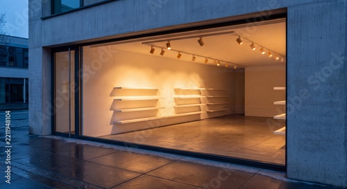Empty retail store interior seen through a large glass window at dusk, with blank shelves, track lighting, and concrete building facade