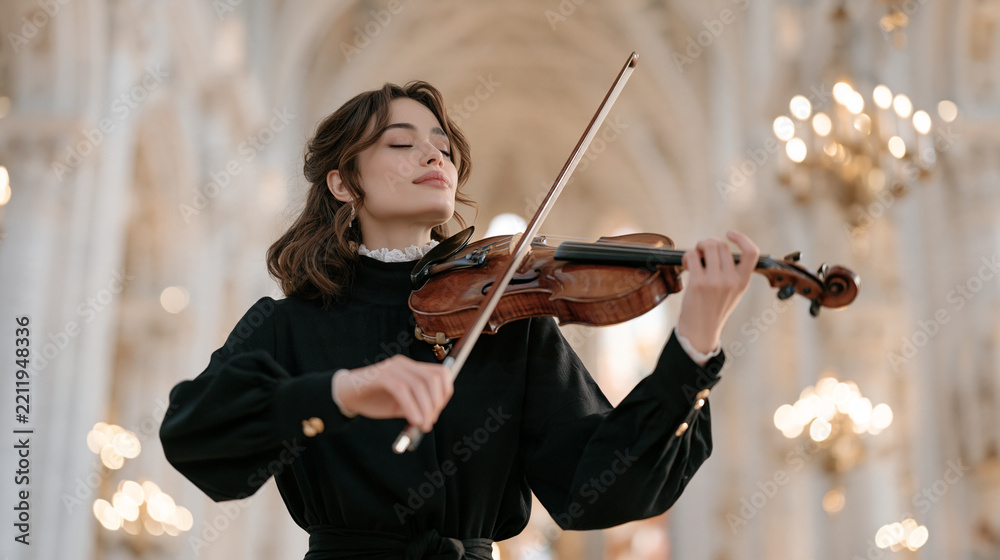 Obraz premium A violinist pauses mid-performance inside a grand cathedral nave and looks upward at the vaulted ceiling, natural reverence, music and spirituality, sacred space inspiration,
