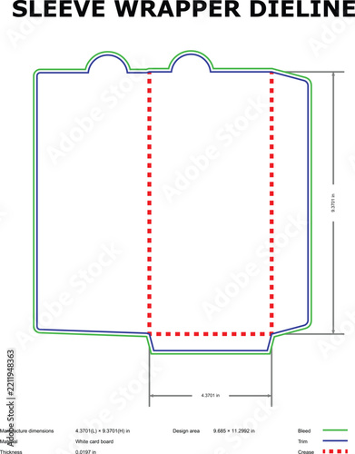Sleeve wrapper dieline template with bleed, trim, and crease lines, technical packaging layout for white cardboard with dimension labels