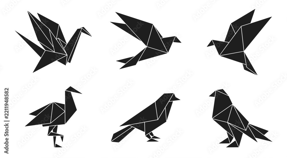 Naklejka premium Geometric origami bird vector collection featuring black folded paper shapes of cranes doves crows and sparrows