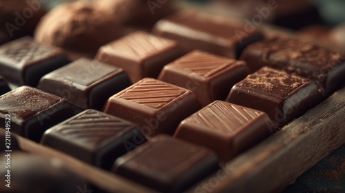 Milk chocolates arranged neatly in a tray with soft daylight highlighting texture.