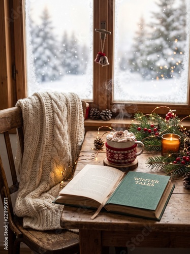 Hygge winter scene with open book Winter Hygge, cozy mug of hot chocolate marshmallows, knit blanket and Christmas tree