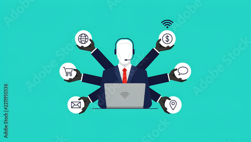 Business person with many arms holding of global communication, shopping, finance, and messaging on a turquoise background