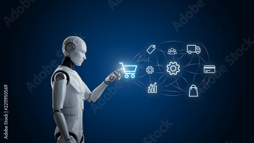 A white humanoid robot touching a glowing digital shopping cart surrounded by various e-commerce symbols on dark blue background