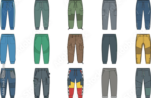 Colorful Pants Fashion Flat Sketch Collection with Joggers, Cargo Trousers and Casual Apparel Vector Designs