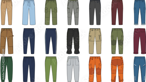 Colorful Pants Fashion Flat Sketch Collection with Cargo, Utility, Casual and Workwear Trouser Designs