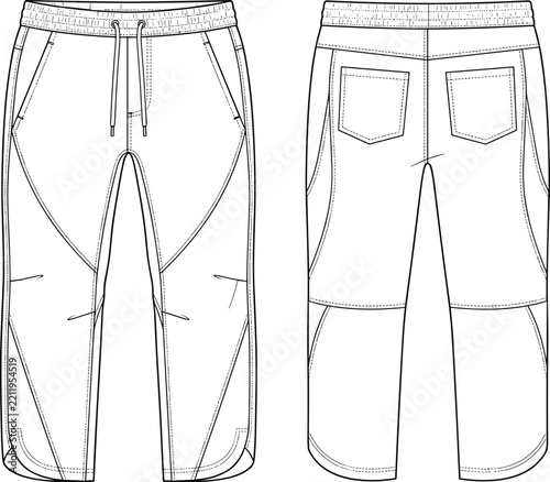Technical Flat Sketch of Cargo Jogger Pants with Front and Back Views, Drawstring Waist and Utility Pocket Details