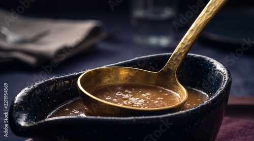 Savory brown gravy served in a dark ceramic boat with an antique brass ladle on an elegant dinner table