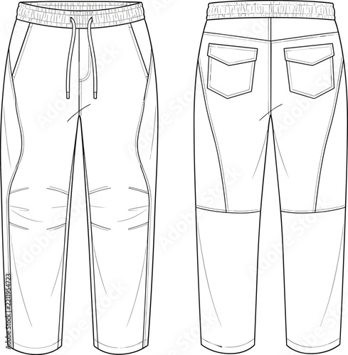 Technical Flat Sketch of Jogger Pants with Front and Back Views, Drawstring Waist and Utility Pocket Details