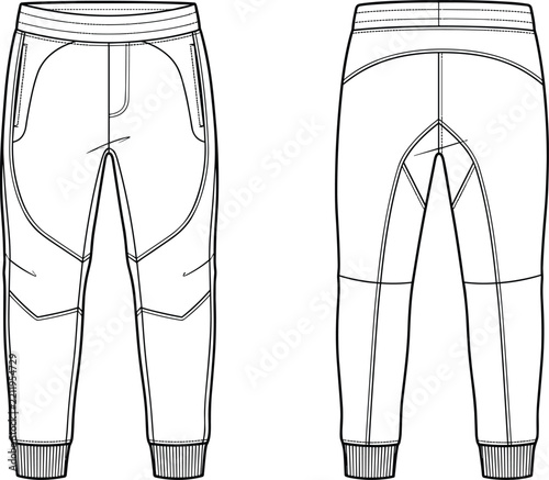Technical Flat Sketch of Ribbed Cuff Jogger Pants with Front and Back Views and Articulated Knee Panel Details