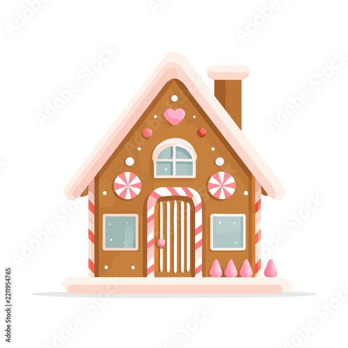 Clean 2D flat vector depiction of a Gingerbread House, designed in minimalist modern style with white background.