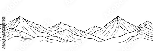 Black and white mountain line arts wallpaper, luxury landscape background design for cover, invitation background, fabric, packaging design and print. Stock vector illustration pattern.