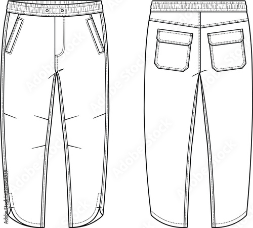 Technical Flat Sketch of Straight Leg Pants with Front and Back Views, Side Pockets and Rear Patch Pockets