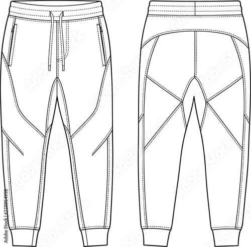 Technical Flat Sketch of Tapered Jogger Pants with Front and Back Views, Curved Panels and Ribbed Cuffs