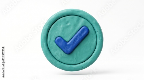 Handmade clay checkmark symbol in a round frame on a white background