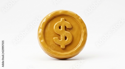 Golden dollar coin with a prominent dollar sign symbol on a clean white background