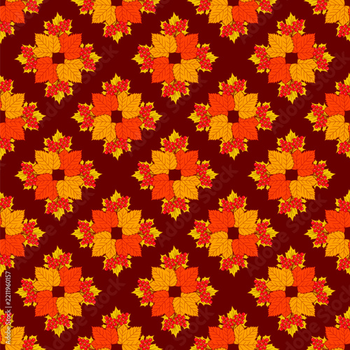 Seamless autumn pattern with bright leaves and berries on a burgundy background. Vector illustration of autumn wallpaper.