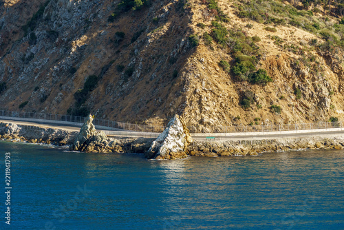 View of the rock formation at Lovers Cove on Pebbly Beach Road on Santa Catalina Island in California.