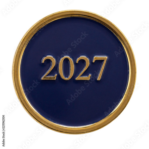 Navy and gold enamel pin badge reading 2027