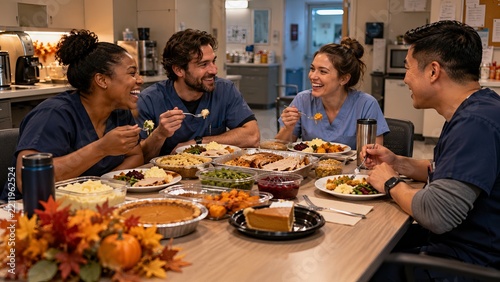Night shift nurses sharing Thanksgiving plates in a hospital break room