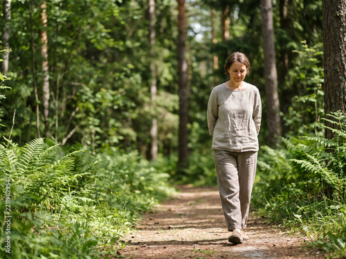 Woman walking calmly on a forest nature trail